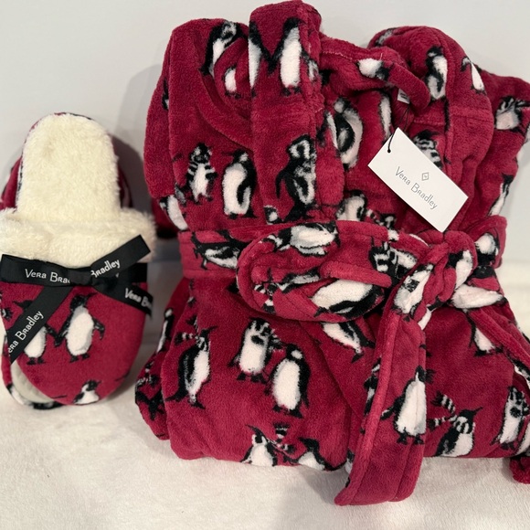 Vera Bradley Hot Pink Penguin Print Robe and Slippers Set